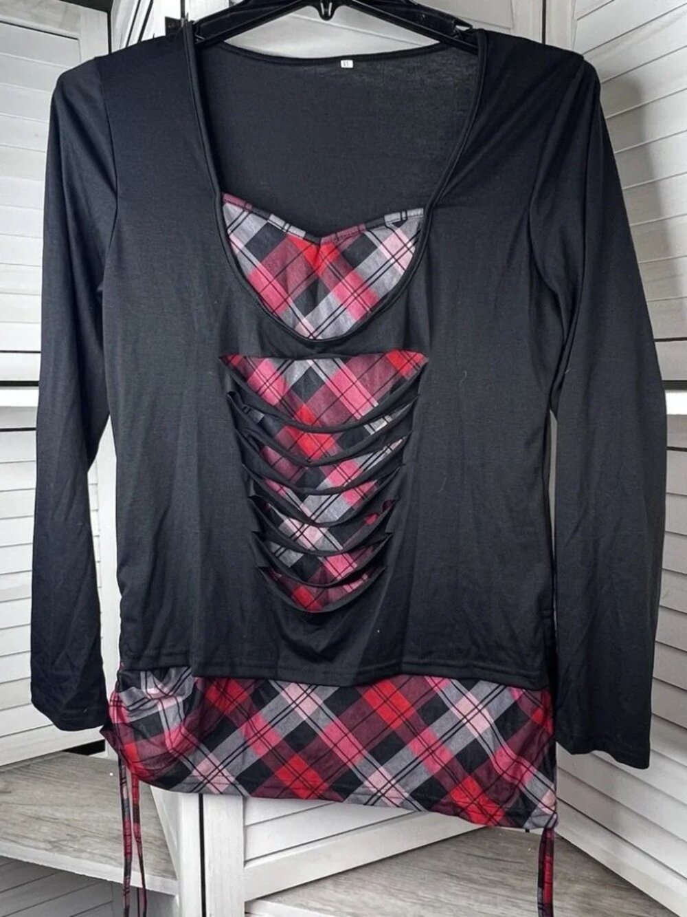 Goth Grunge Black Cutout Top Women's top Red Plaid Layered LS Emo